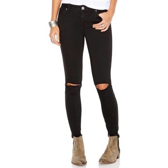 Free People Jeans 24 Black Denim Skinny Mid Rise Distressed - Picture 1 of 11